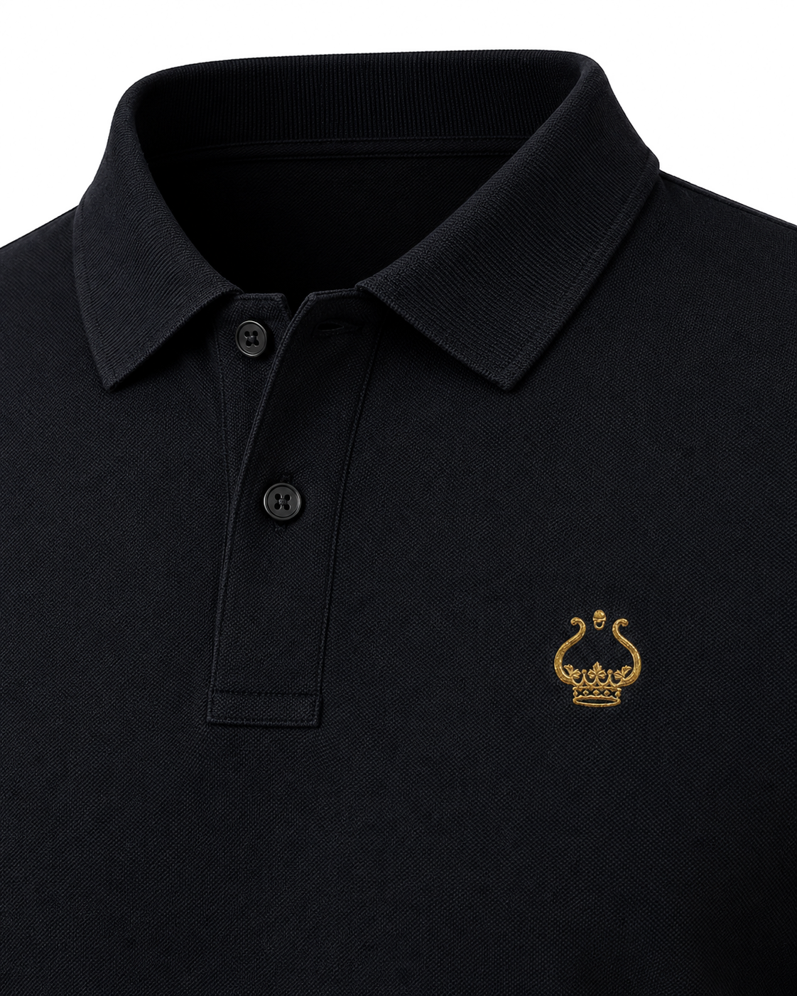 Antique-gold family emblem embroidered over the left chest of the black polo